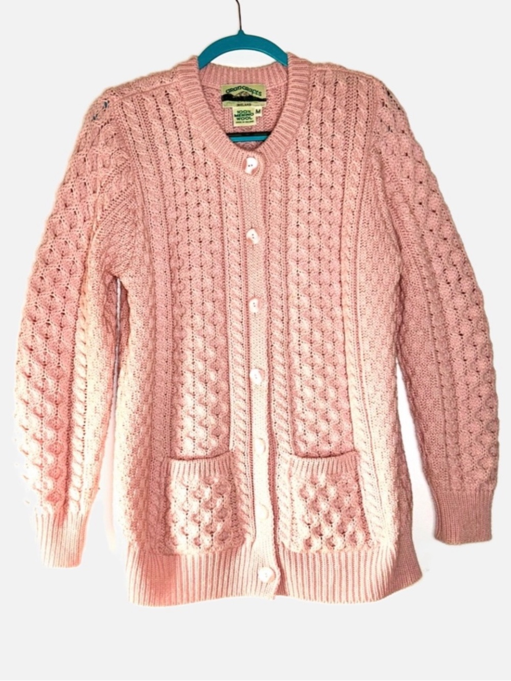 ARAN CRAFTS Traditional Knit Cardigan - Rose Pink - SZ M